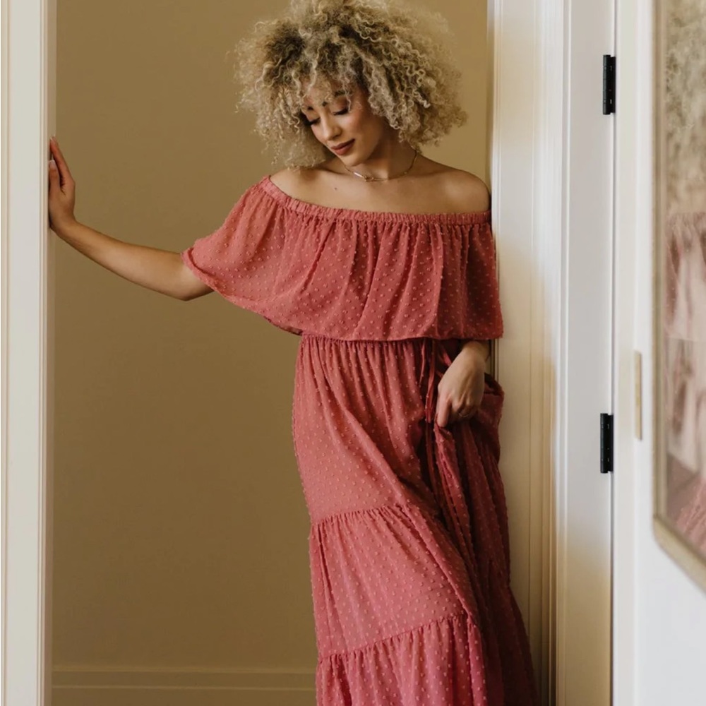 Baltic Born| Swiss Dot Dusty Rose Maxi Dress, Off the Shoulders, Sheer-Size XL•